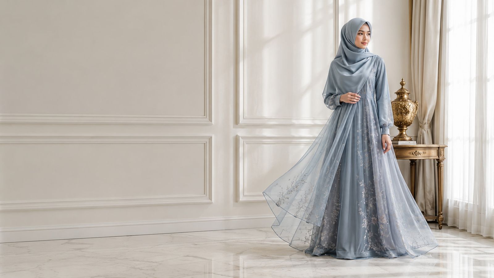 Model mengenakan koleksi gamis premium Alzhea Premium